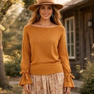 Sundance SZ M Aryka Wool-Cotton Blend Sweater Bell Sleeves With Ties Gold